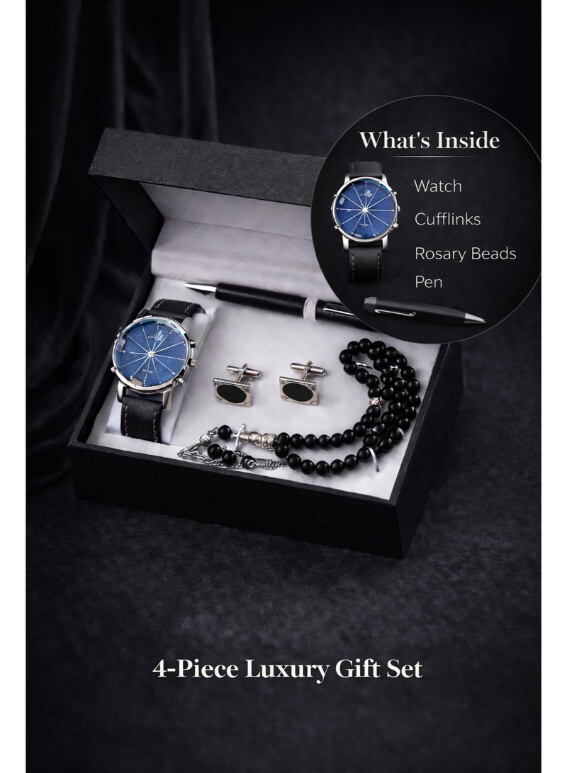 أولودينيز  طقم هدايا كلاسيكي للرجال – ساعة بقرص أزرق، مسبحة سوداء، قلم، وأزرار أكمام فضية في صندوق أسود أنيق - Image 1